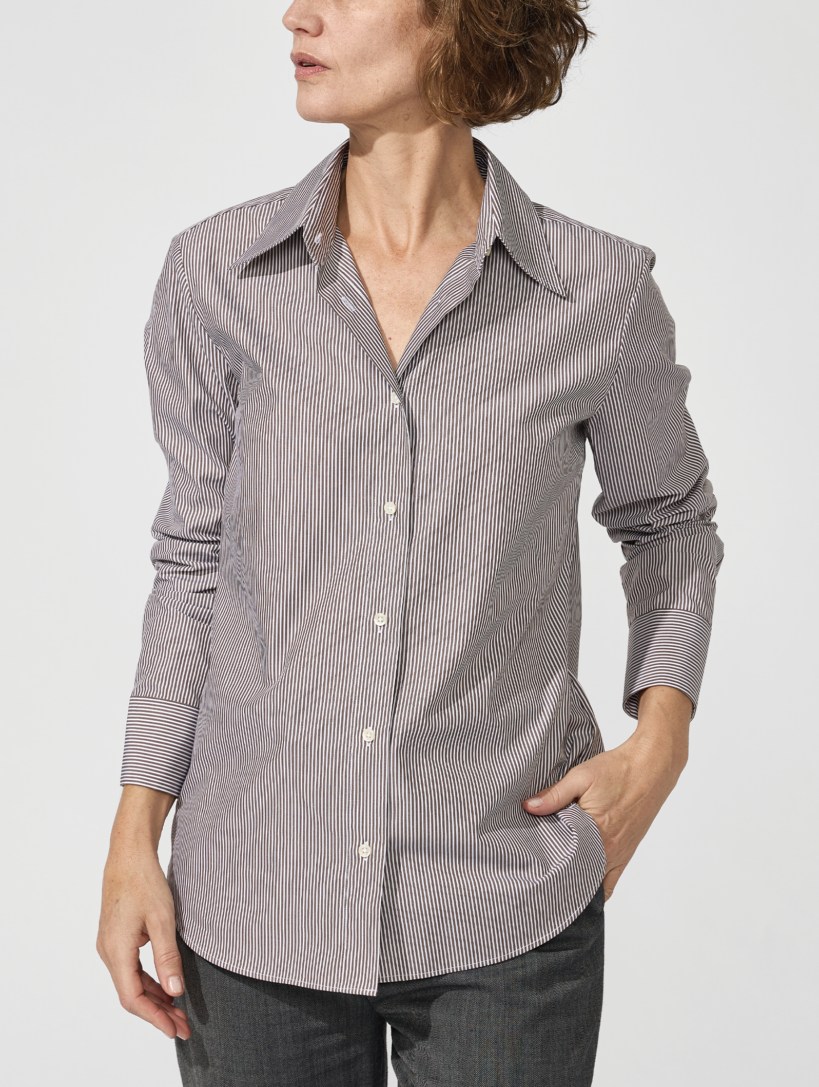 OB1 OFFICE PENCIL STRIPE POPLIN | WOMEN (CHOCOLATE)